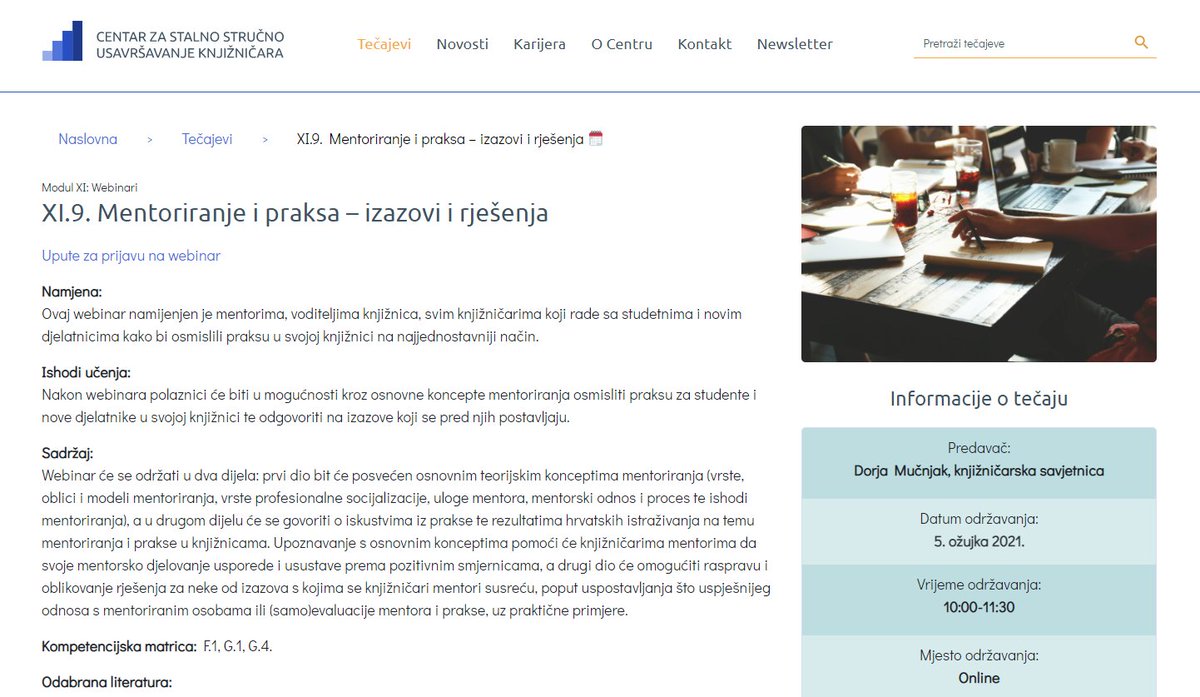 ZKD_cro's tweet image. CSSU WEBINAR!
XI.9. Mentoriranje i praksa – izazovi i rješenja
Datum i vrijeme održavanja: 5. ožujka 2021. 10:00-11:30
Prijave na ⬇
cssu.nsk.hr/tecajevi/xi-9-…

#CSSU #Webinar #ZKDrustvo #nsk