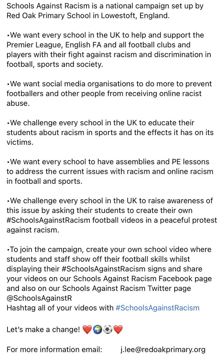 SchoolsAgainstR's tweet photo. #SchoolsAgainstRacism
A national campaign set up by Red Oak Primary School. We challenge every school in the UK to join us in our protest against racism in football, sports &amp; society by making your own #SchoolsAgainstRacism football videos. 🌍❤️⚽️
@OakRed230 @ActiveLearningT https://t.co/nsm11VHhVF