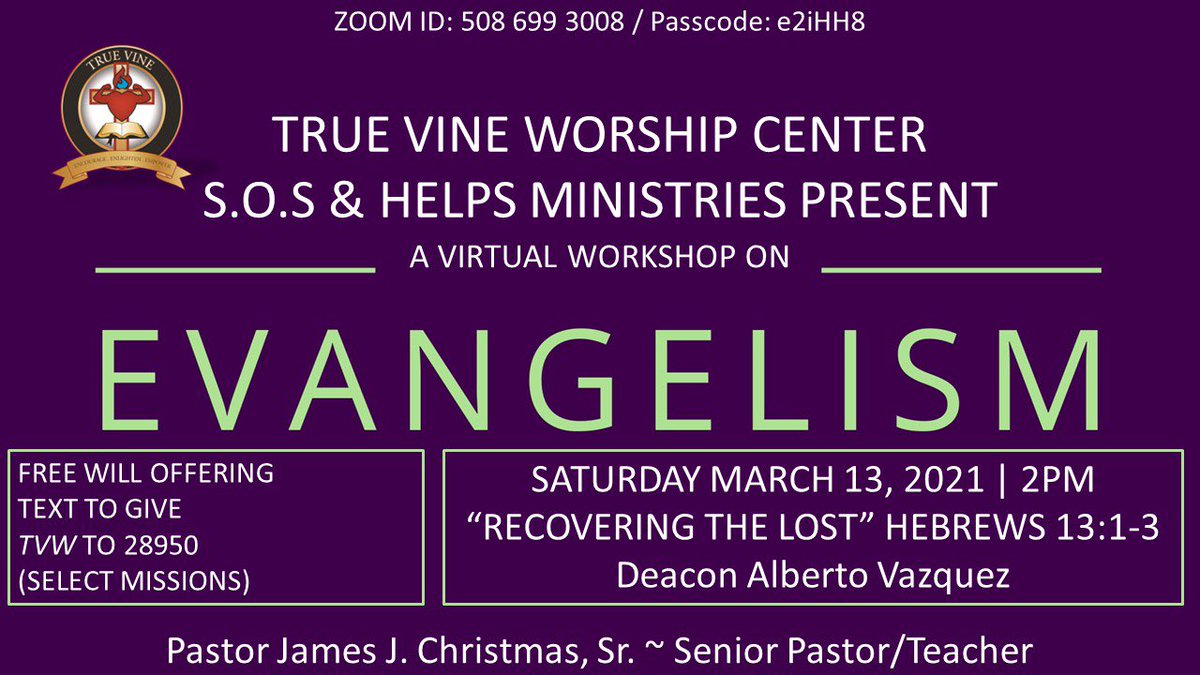 TrueVinePhilly's tweet photo. We’re hosting a virtual workshop about Evangelism on Saturday March 13 at 2pm. 

Free will offering, text TVW to 28950 and select missions. 

Zoom ID 508 699 3008
Passcode e2iHH8
#TrueVinePhilly #Evangelism #Missions https://t.co/ymAiDB5RQ5