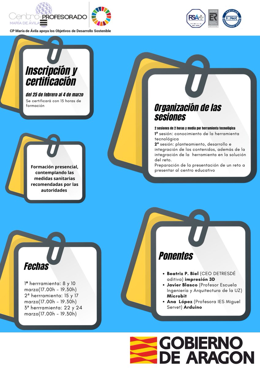 cpmariadeavila's tweet photo. Retos tecnológicos en el #STEAMLaBAragón  para secundaria 
inscripciones hasta el 4 de marzo 👉https://t.co/KcN2Ywacaj solo 10 plazas en formación presencial, contemplando las medidas sanitarias @dgafprofesorado @tonimartinez24 @gustarcef @diegoarroyom @TeresaBallestin https://t.co/Ff2Er2PEWw