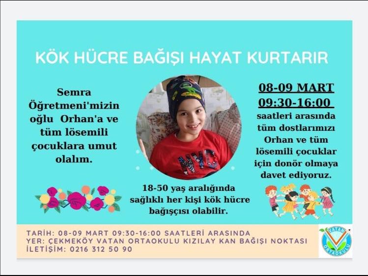 Değerli öğretmen arkadaşımız Semra Pekkafalı’nın oğlu Orhan için donör arıyoruz. 

8-9 Mart’ta Çekmeköy Vatan Ortaokulu’na uğrayarak kısa bir sürede kan verebilirsiniz.

Belki de Orhan’ın umudu sizsiniz.

Elden ele yayalım lütfen 🙏