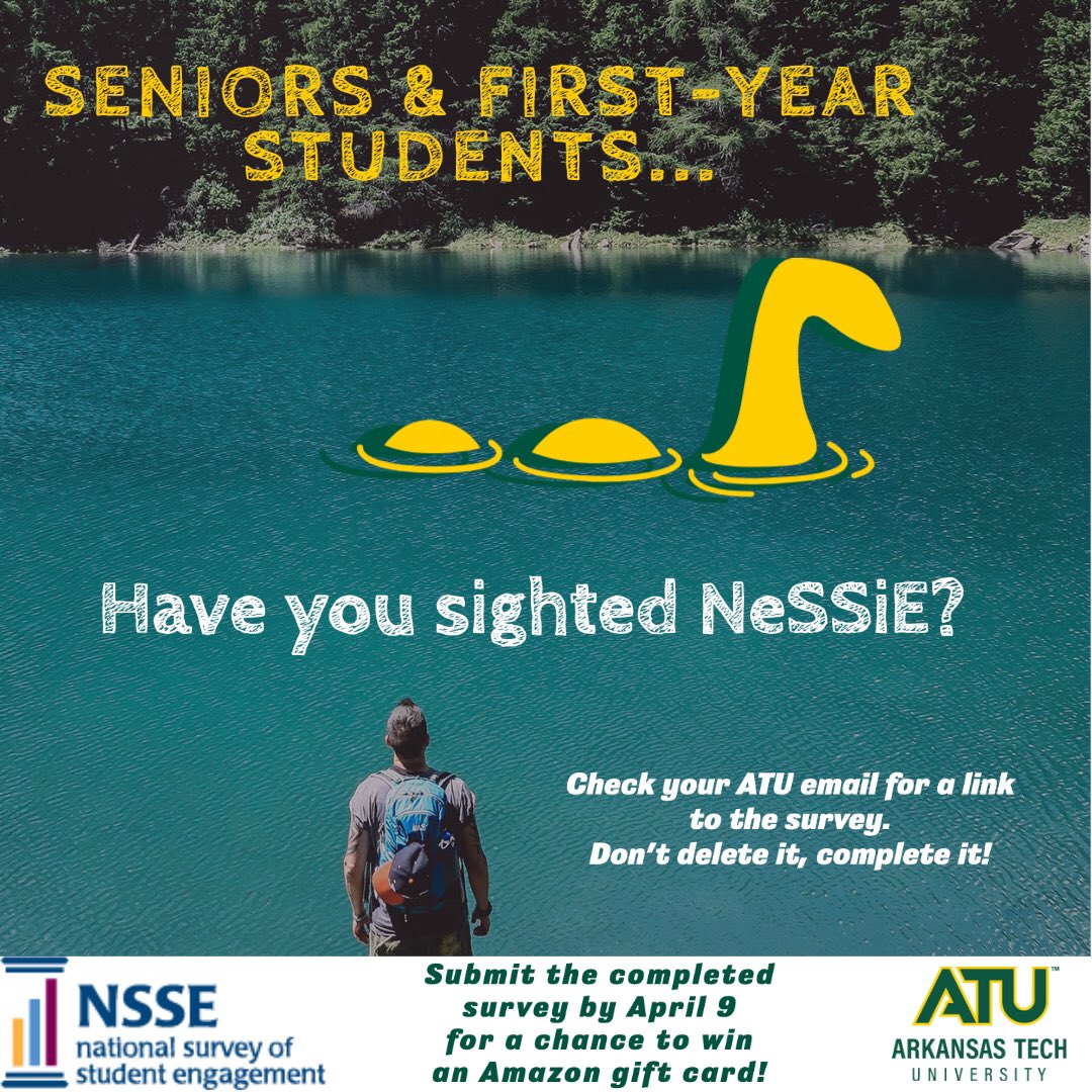 ATULearns's tweet photo. Beginning today 1st year and senior @ArkansasTech students on the Russellville campus should watch their ATU email for an invite to complete the #NSSE. #therebeprizes #studentengagement #completethesurvey https://t.co/dx80kK8CYB