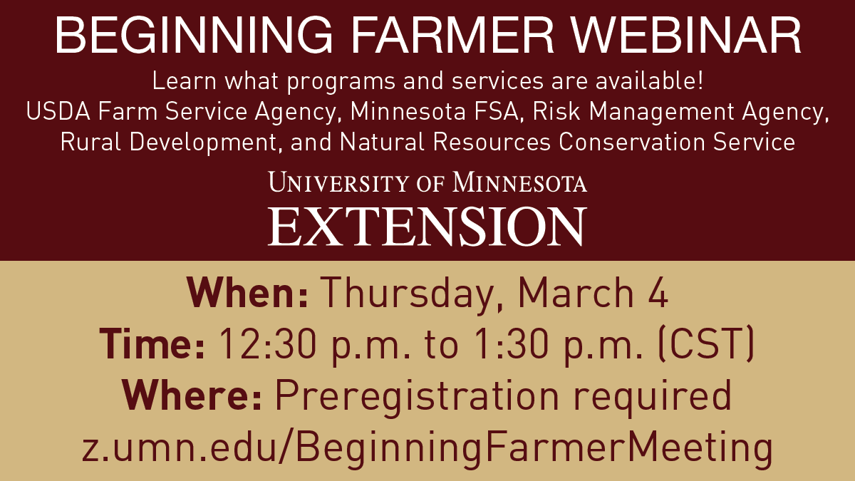 UMNmoosroom's tweet photo. This Thursday, don't miss @UMNExt's partnered meeting with @usdafsa that will demystify all the programs and services that are available to new farmers. Preregister at https://t.co/v7lfM0XGog #MNag #UMNExt https://t.co/zCMaEJ0jxt