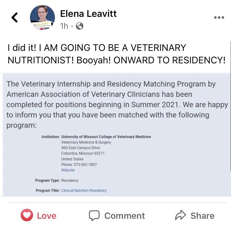 cavanaugh_sm's tweet photo. Congratulations to all the Rossies who matched today &amp; especially Elena Leavitt who matched at Missouri for a nutrition residency!!!!! We are so happy for you &amp;  so so proud!! @RossVetSchool @cavanaugh_ryan https://t.co/t7P1nMZ6SL