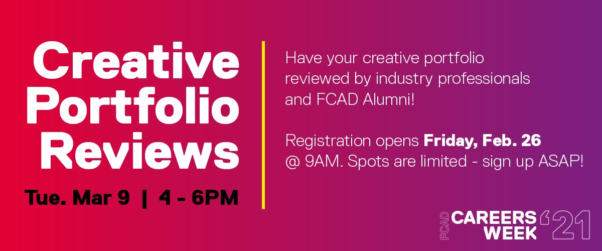 Meet seasoned industry professionals for up to 15 minutes to showcase your work, hear their advice, and expand your professional network. Students may only book with one reviewer.

Companies include: Sportsnet, Shopwise, Sephora, and more! 

Register here: bit.ly/3kACPv8