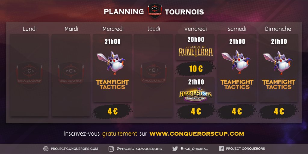 🚨Voici le planning de nos tournois cette semaine (01/03 - 07/03) ! 

▶️Inscriptions : conquerorscup.com 🎮

Du #TFT, #LoR ou encore du du #HSBG au programme 💪 ! 

#PCSFAMILY ⚫️🔴