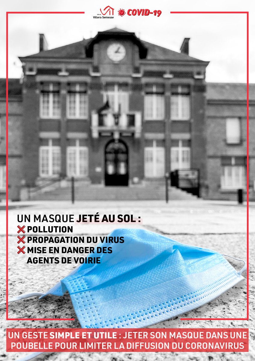 villerssemeuse's tweet photo. 🔴 #COVID19 | #MASQUEJETABLE 😷

Chaque geste est important : je jette mon #masque dans une poubelle pour ❌ éviter la pollution, ❌ limiter la diffusion du virus et ❌ ne pas mettre en danger les agents de voirie.

Prenez soin de vous et prenez soin des autres 🙏 https://t.co/t5pcDv6KkM