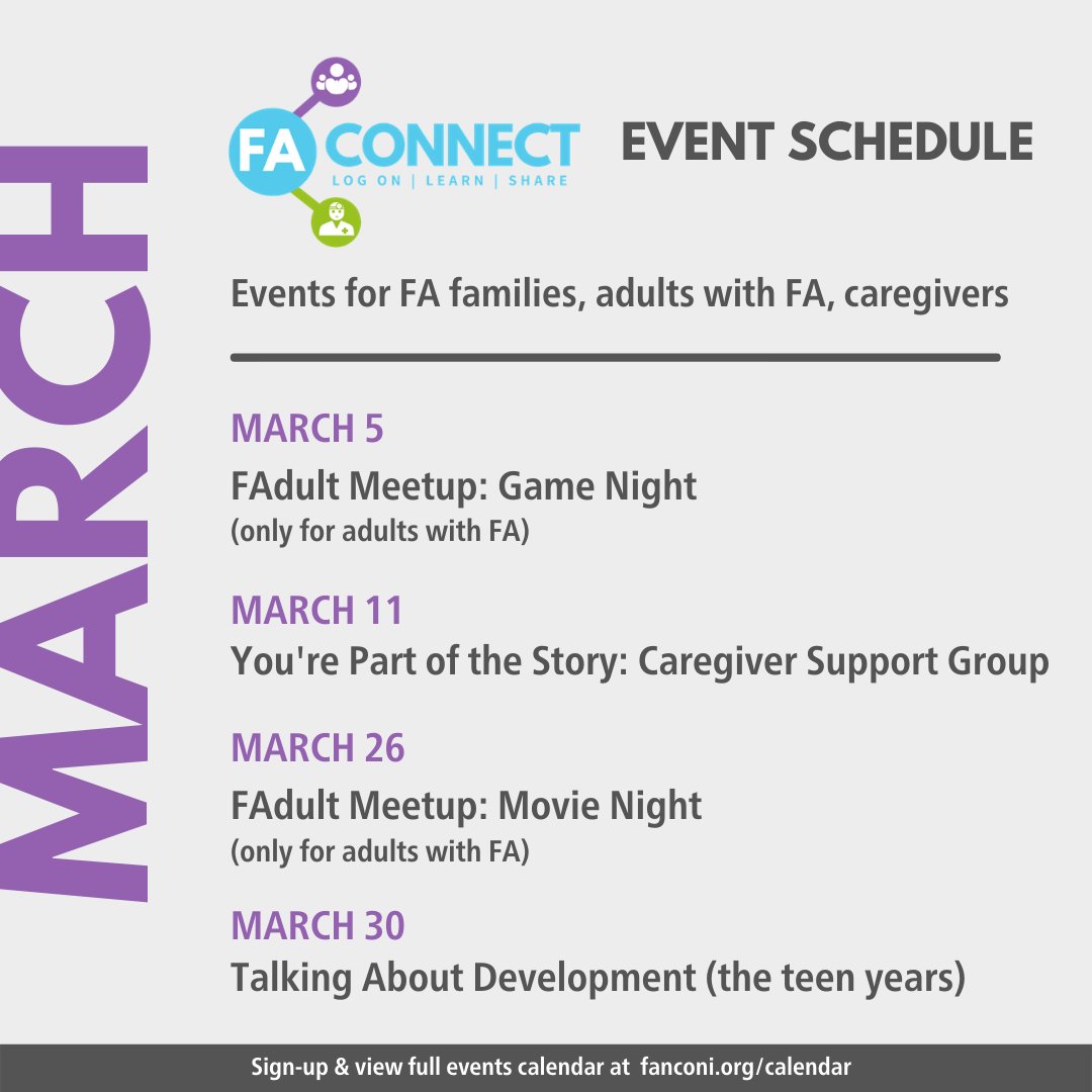 Join others in the FA community this March during our #FAConnect free virtual events! Learn more &amp; sign up here: fanconi.org/calendar