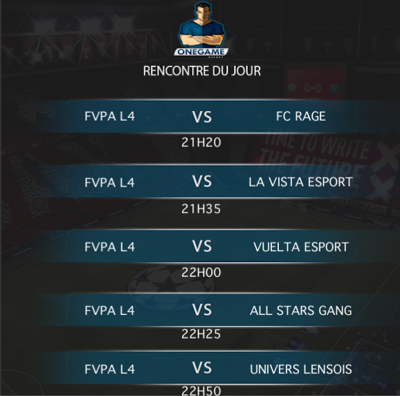 Ce soir le ballon rond domine notre réseau twitter, oui notre équipe FIFA joue ⚽️

🏆 <a href="/FVPAeSport/">FVPA Esport</a> 🏆
⏱️21H20🆚 Fc Rage
⏱️21H35🆚 <a href="/xHR_H2oMaestro/">La Vista Esport</a> 
⏱️22H00🆚 <a href="/TeamVUELTA/">𝗩𝗨𝗘𝗟𝗧𝗔 𝗘𝗦𝗣𝗢𝗥𝗧𝗦</a> 
⏱️22H25🆚 AllStarGang 
⏱️22H50🆚 @LensoisUnivers 

Bonne session à tous, que le meilleur gagne 🔵⚪️