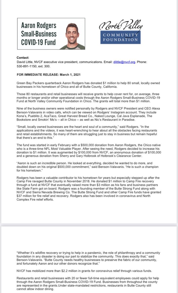RapSheet's tweet photo. #Packers QB Aaron Rodgers has donated $1 million to help 80 small, locally owned businesses in his hometown of Chico and all of Butte County, California. A very nice touch. https://t.co/U7q9vrQfko