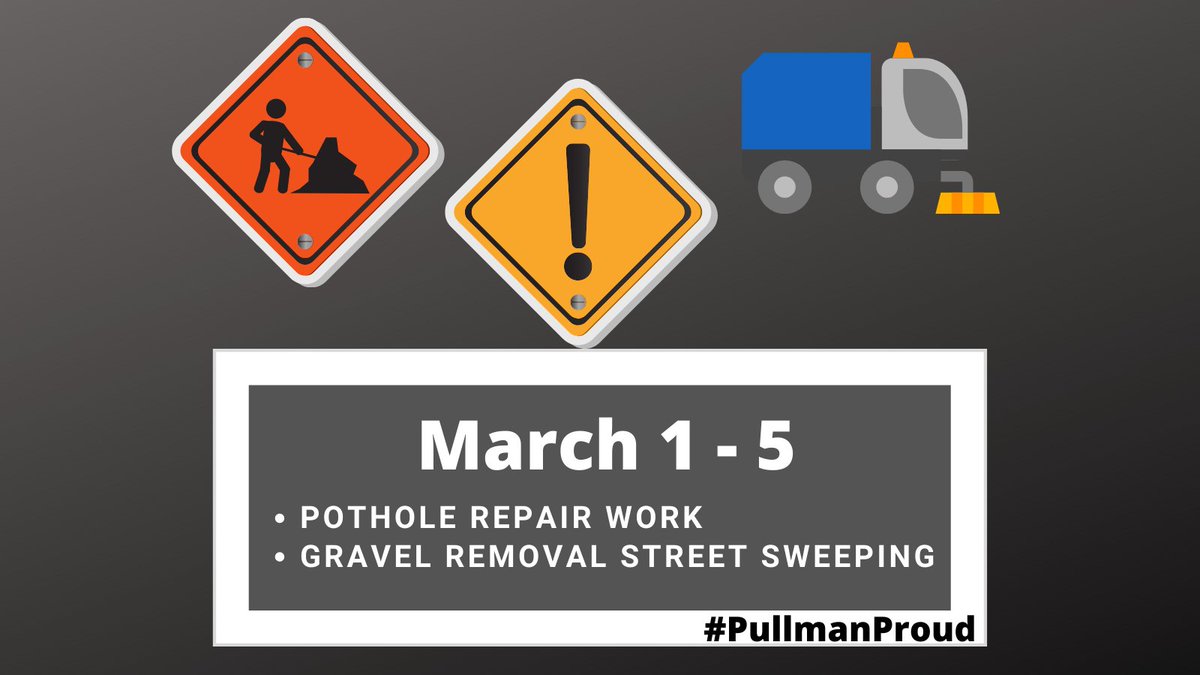 Maintenance crews work 3/1-5 to address the post-snow impacts to area roadways, including pothole repair &amp; street sweeping to remove gravel applied for traction. Please visit bit.ly/RoadWorkMarch1… for more.
Thank you for helping to keep our crews safe out there!
#PullmanProud
