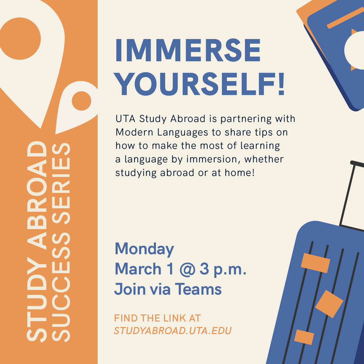 UTAstudyabroad's tweet photo. 🗺 Join us TODAY at 3 PM for tips on how to make the most of learning a language, whether studying abroad or at home! https://t.co/fCDRe8ibk0 https://t.co/Bsjla2GjCv