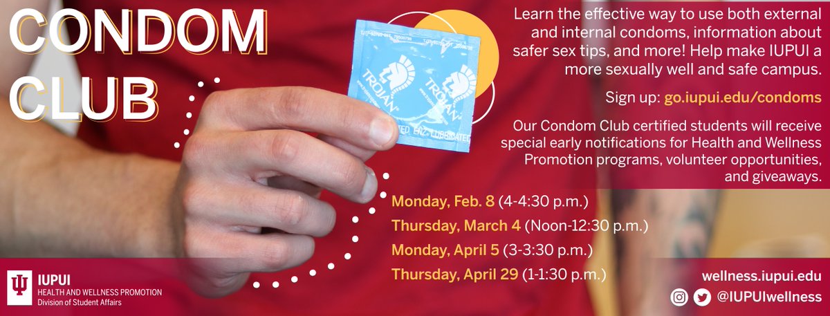 IUPUIwellness's tweet photo. Thursday is our next Condom Club training. You can sign up in the at https://t.co/TEAxs5EsQp. #JagWELL #condomclub
March 4
12:00 pm EST
https://t.co/TEAxs5EsQp https://t.co/TKjtJJxBxp