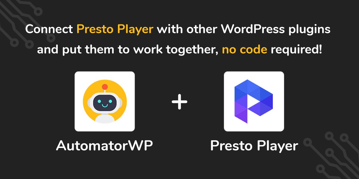 AutomatorWP's tweet photo. Connect #PrestoPlayer & your #WordPress plugins with #NoCode like:
- Watches a video > Create a @HubSpot contact
- Watches a 70% or more > Add to @wpusermanager group
- Watches a 40% or less > Mark @lifterlms lesson as completed
More info👇
https://t.co/iwFxkl7x6C
#automator https://t.co/ZIwxhT5vX7