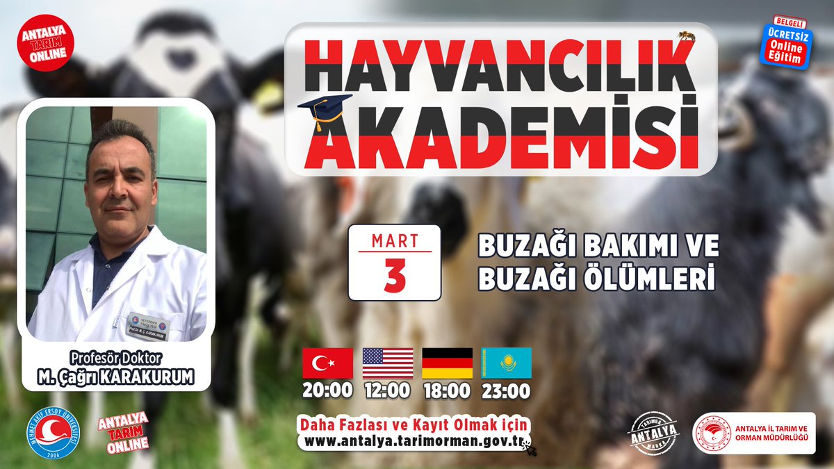 HAYVANCILIK AKADEMİSİ-5

<a href="/makuedutr/">MAKÜ</a> Veteriner Fakültesi işbirliğimizle #HayvancılıkAkademisi 5.derste

Prof.Dr.M.Çağrı Karakurum ile

#Buzağı Bakımı ve Buzağı Ölümleri

#GelecekTarımda

<a href="/gokhankaraca_/">Gökhan Karaca</a>
<a href="/ersinyazici1/">Ersin YAZICI</a>
<a href="/bekirpakdemirli/">Dr. Bekir Pakdemirli</a>
<a href="/TCTarim/">T.C. Tarım ve Orman Bakanlığı</a>

🗓03.03.2021
⌚️20:00