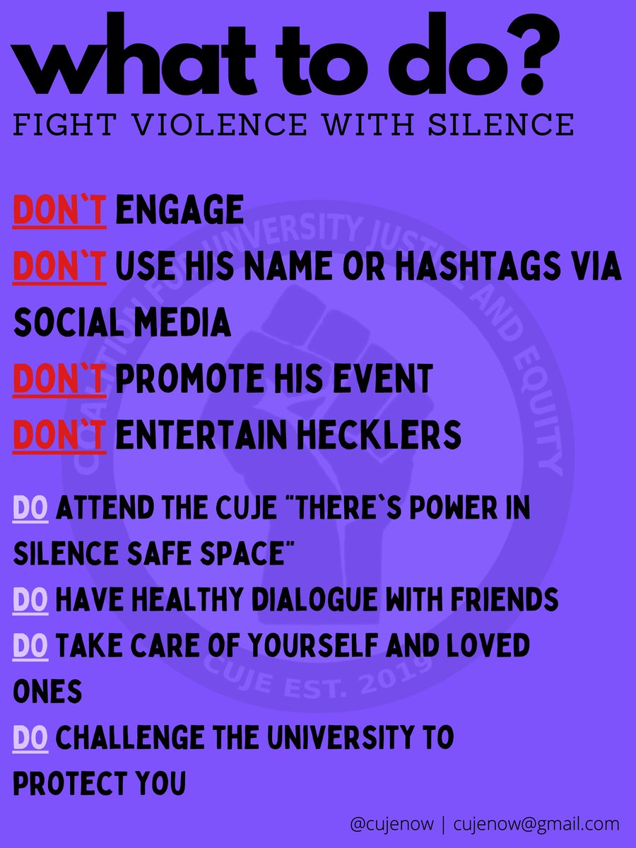 Word on the street is St*v*n Cr*wd*r is returning to incite violent rhetoric on campus tomorrow afternoon. 

We encourage you to participate in #DontTaketheMic &amp; fight violence with silence! 

Take back your power by disengaging &amp; coming to our Safe Space. Email for details.