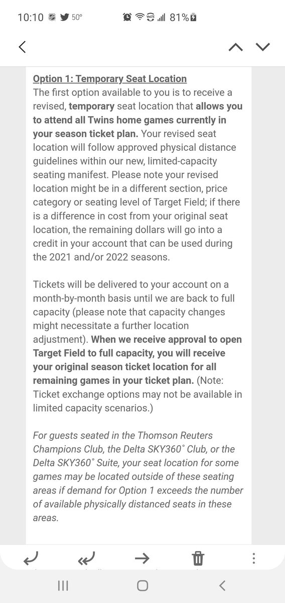 TCAnelle's tweet photo. #MNTwins are giving 2 options for STHs for the limited capacity games. I went option 1. #givemebaseball https://t.co/FT1UJbrHI1