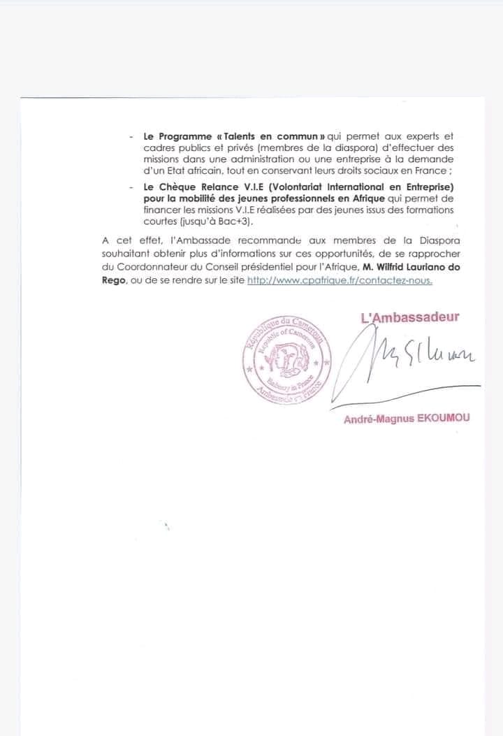 COMMUNIQUÉ À L'ATTENTION DE LA DIASPORA CAMEROUNAISE VIVANT EN FRANCE.