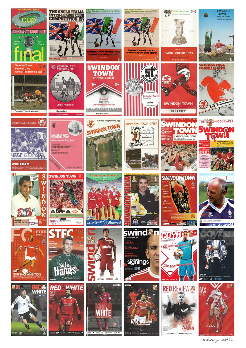 oliverjamesstfc's tweet photo. I’m giving one fan the chance to win an A3 print of Swindon Town programme covers from 1969-2020 before I picture &amp; upload to my Etsy store! 

All you have to do is RT &amp; tag a friend. Deadline Wednesday March 3rd at 17:15 where winner will be drawn. Must be following me!

#stfc https://t.co/UpSc0NbQfD