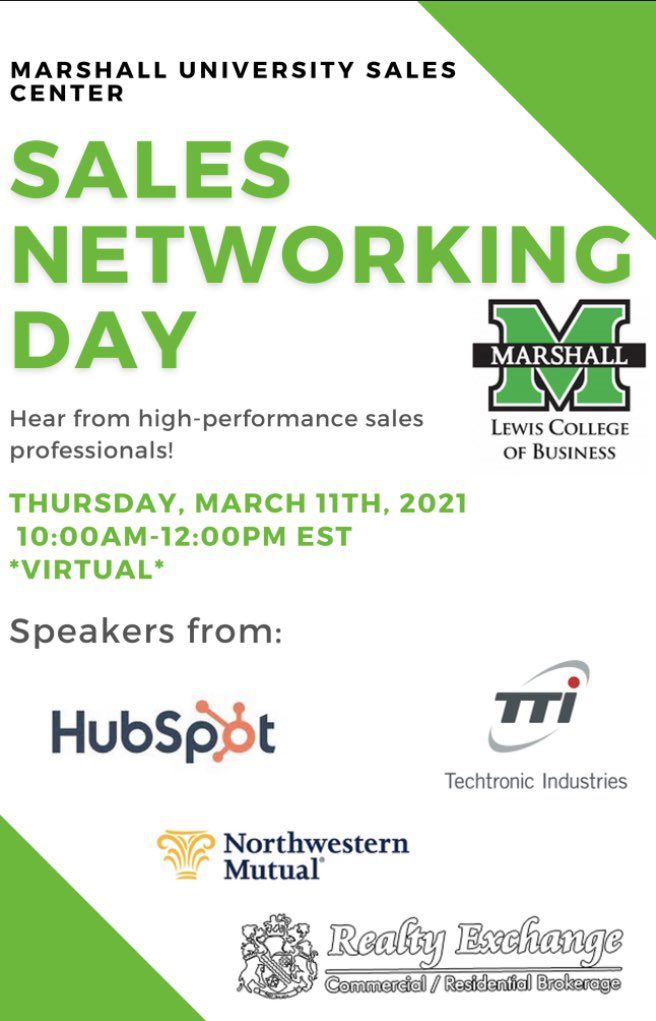 _RealtyExchange's tweet photo. MU College of Business Students ❗️ Join us at Marshall’s Sales Networking Day! Check your MU email to register now! See you there and GO HERD 🏡💚📚@marshallu @herdbusiness https://t.co/aGtjktL6ii