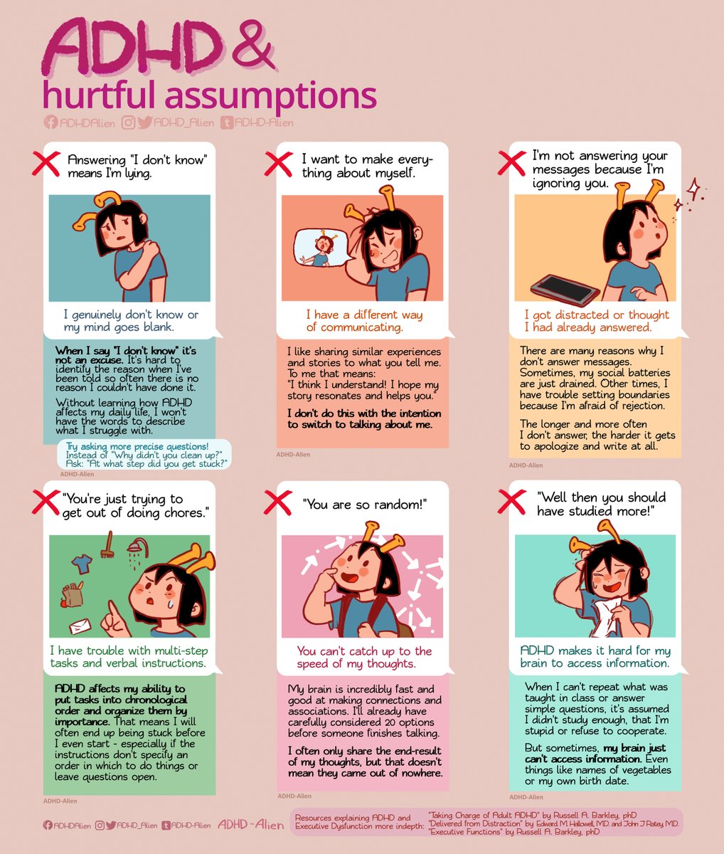 A comic headlined "ADHD and hurtful assumptions".
Alt text in each individual image below in this thread due to the character limit!