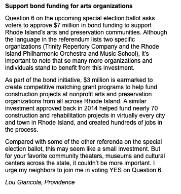 YesOn6_RI's tweet photo. If you're headed to the polls tomorrow, vote YES on Question 6, and support Rhode Island's vibrant arts and preservation community. Via @projo https://t.co/VoT3Y0eFyN