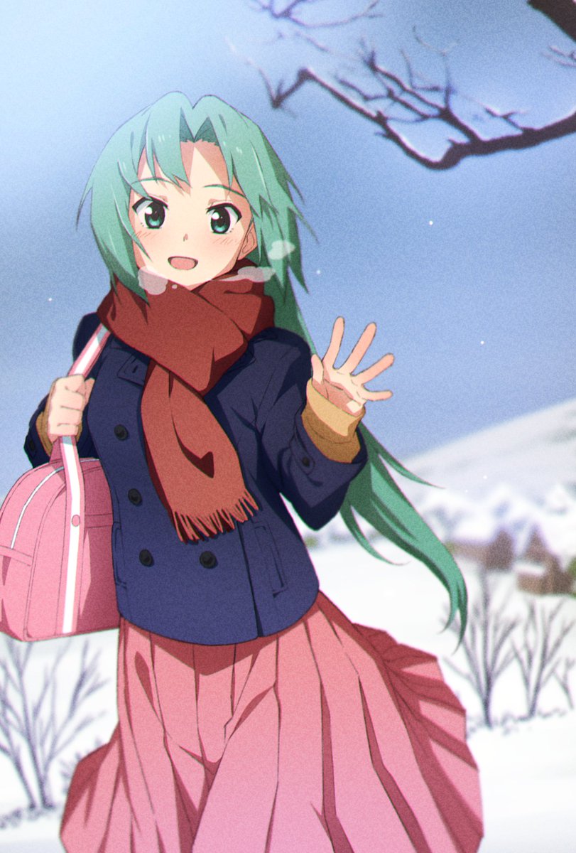 sonozaki mion 1girl solo scarf skirt long hair green hair green eyes  illustration images