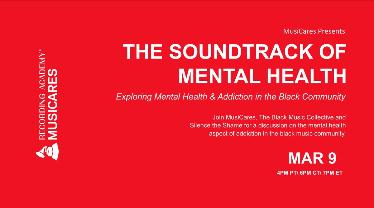 MusiCares's tweet image. Join @MusiCares, The Black Music Collective and @SilenceTheShame for a discussion on the mental health aspect of addiction in the black music community.
RSVP: grm.my/2Mza8C6