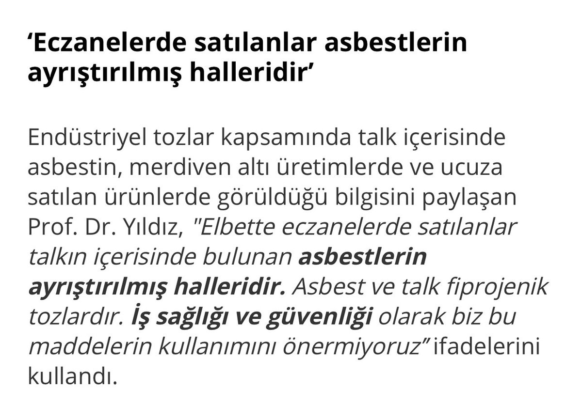 EczMirac's tweet photo. Piyasada bulunan 21 bebek pudrasının 5 tanesinde kanserojen etkiye sahip “ASBEST” maddesi bulunmuştur. Çalışmayı yapan Prof. Dr. Yıldız’ın söylemini paylaşıyorum;

Merdiven altı üretilen ve ucuza satılan her ürün halk sağlığı ile oynamaktadır. ECZANE GÜVENDİR! https://t.co/E7qog8BSzz