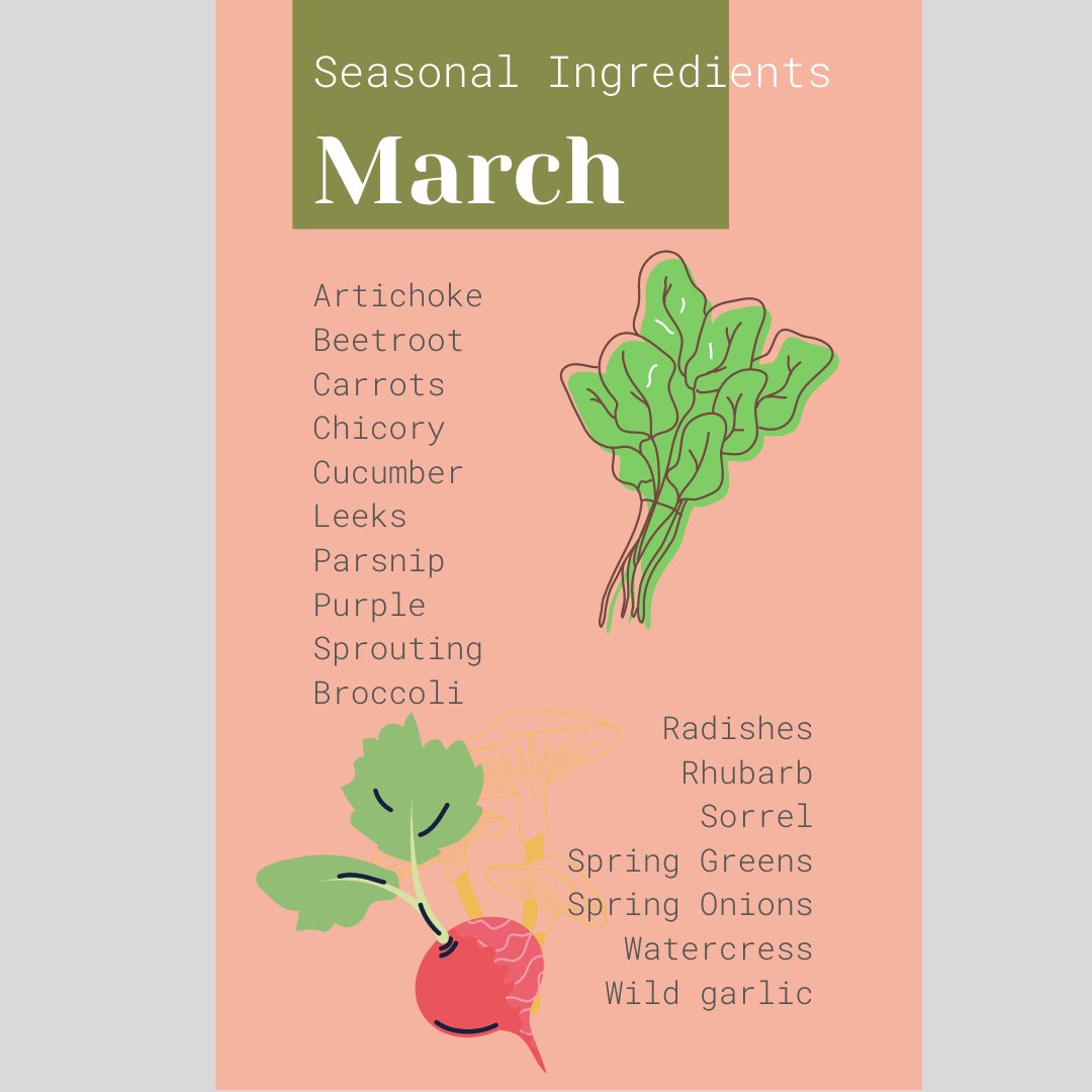 March Seasonal Ingredients - as we head into the "hungry gap" we see the amount of veg from the UK reduce. However, in exciting news, wild garlic is coming out! You can find these little gems along river banks and close to water. I'm certainly excited to head out foraging!
