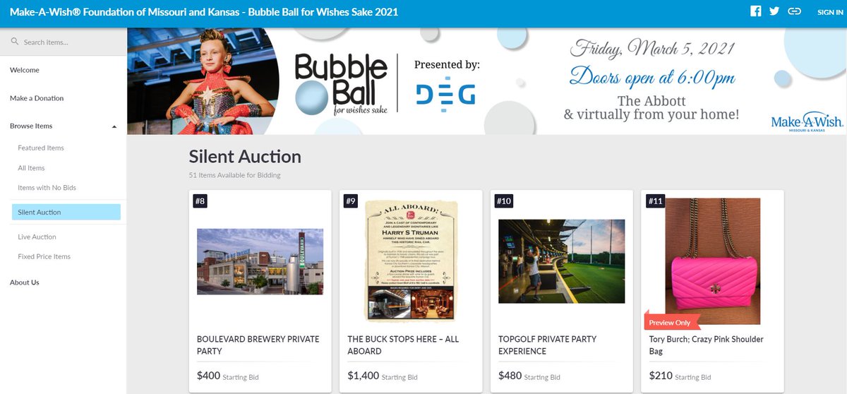 MakeAWishMOKAN's tweet photo. The Bubble Ball for Wishes silent auction is now open! Auction items include a Royals Spring Training experience, rounds of golf at world-class golf courses, food and wine packages, private party experiences and much more! Visit https://t.co/y9oPkYCTvg to bid on your favorite! https://t.co/zUfkU2ALJl