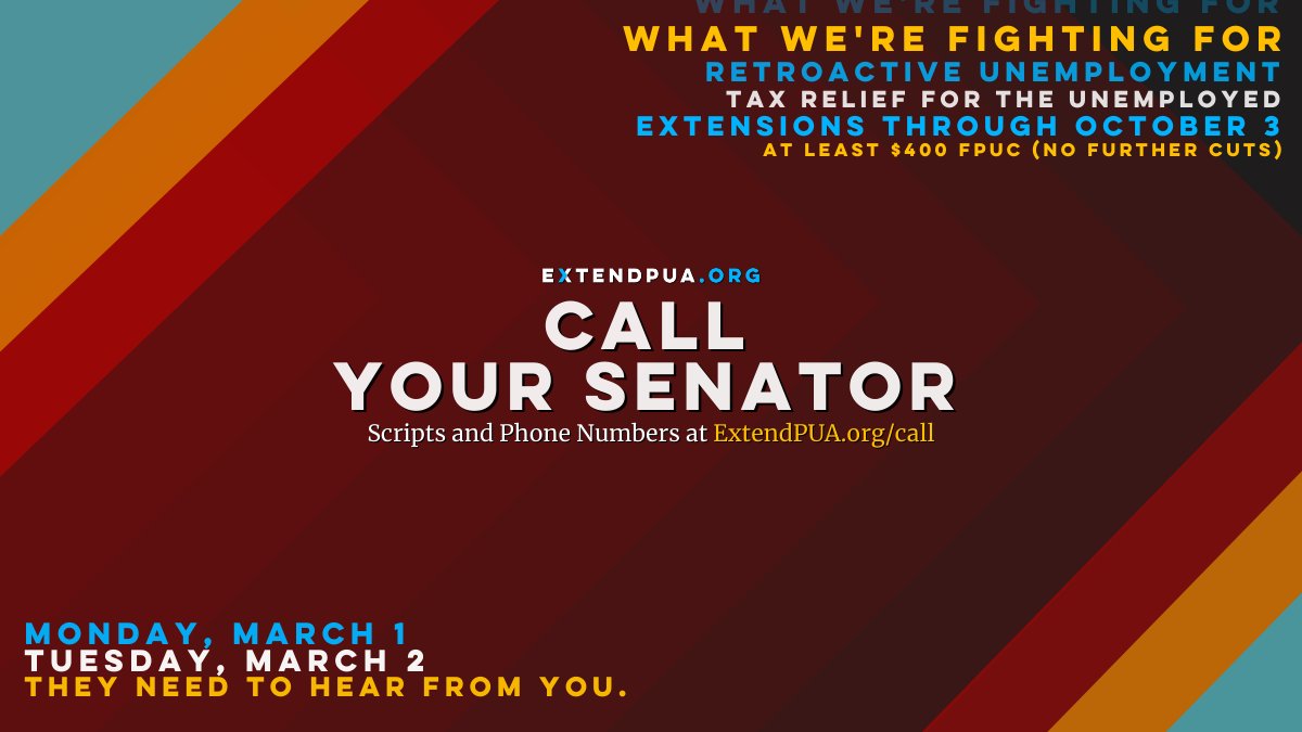 ExtendPua's tweet image. The #AmericanRescuePlan is moving into the Senate. Not only are the UI provisions already insufficient, they are at risk of being further reduced. More graphics &amp;amp; information on this at extendpua.org/post/feb-27-ho…

Call your Senators TODAY. Spread the word. ExtendPUA.org/call
