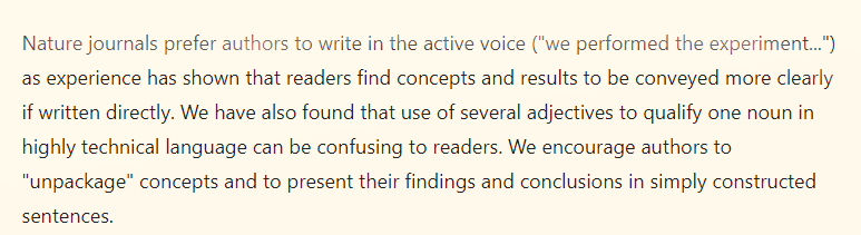 KristinSainani's tweet photo. @Tomer_PT @KarimKhan_IMHA @NEJM @TheLancet That surprises me! I've never met an editor who wants passive voice. Many journals instruct authors to use active voice (see Nature tips below!) Reviewers, of course, may differ. But you can gently push back on reviewers on this point. @ReginaNuzzo, do you want to chime in here? https://t.co/er68sx6zi5