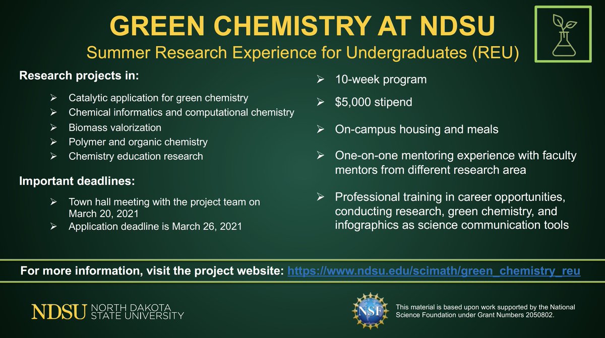 aleksleontyev's tweet photo. We are running #REU program with a focus on #GreenChemistry at @NDSU! We have 10 exciting projects and dedicated Faculty Mentors. More information: https://t.co/U1j23aph1R
Application deadline is March 26, 2021! Please share with undergrads.
#GreenChemistryNDSU https://t.co/bVQ5Lb4cVW