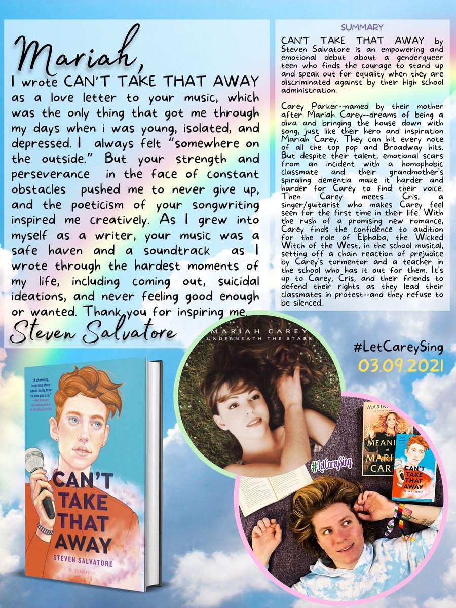 Omg <a href="/MariahCarey/">Mariah Carey</a> have you seen @StevenSSWrites debut YA novel CAN’T TAKE THAT AWAY? It’s about a genderqueer teen diva (named Carey!) who idolizes &amp; looks to YOU for strength as they protest their homophobic school administration. It publishes March 9!⭐️

bloomsbury.com/us/cant-take-t…