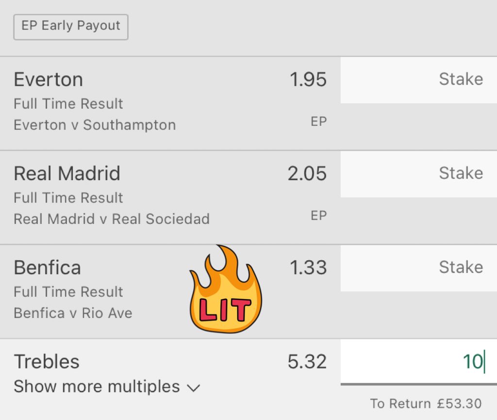 FootytipPremier's tweet photo. Monday night football acca:β½οΈπ€
Everton
Real Madrid
Benfica
All to win β¬οΈ 9/2!! π
#footballtips #footballacca #soccerpicks #gamblingtwitter #freepicks #socceracca #MNF #PremierLeague #bettingtips #Lockdown #EVESOU #RealMadridRealSociedad #BenficaRioave #EFC #everton https://t.co/HH7F9kllWr