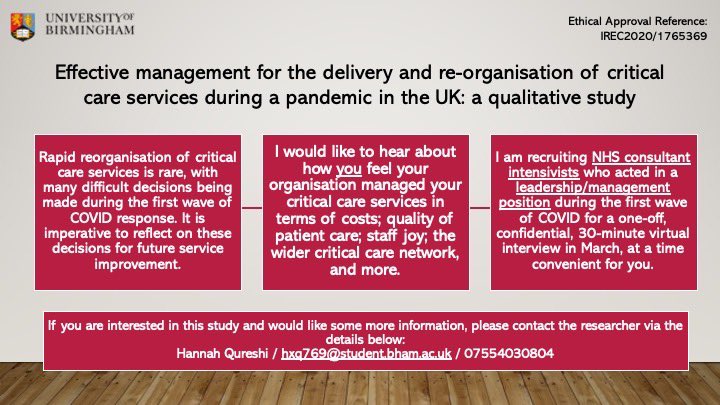 hmqureshi7's tweet photo. Hi #MedTwitter! I’m recruiting NHS consultant intensivists with a leadership role for a study, asking how you felt your trust managed the first wave of COVID. If you’re interested, please email me for more details and we can set up a 30min interview this month. Thank you! https://t.co/t6DTOuSm3i