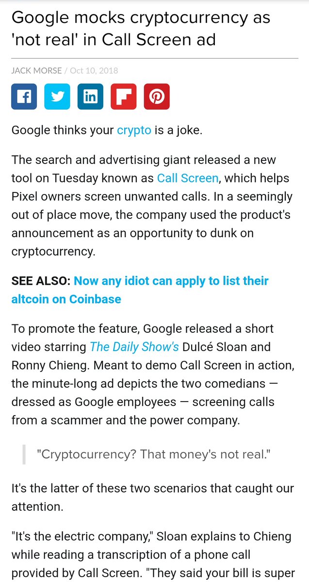 1CrypticPoet's tweet photo. 🔥 Remember when Google mocked crypto in a Pixel commercial in 2018?

Well, Google just added a crypto tab in their 'Google Finance' section. 😅

Note: I tried to look for the commercial video on YouTube &amp; it looks like it's been taken down

More will join us - it's inevitable 📈 https://t.co/DuvKUvGZUT