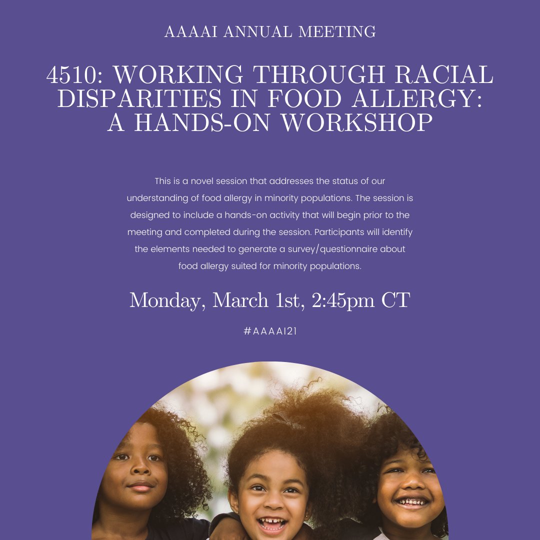 cfaarnu's tweet photo. Attending #AAAAI21? Join two CFAAR team members, Lisa Lombard, Ph.D. and Christopher M. Warren, TODAY at at 2:45pm - 4:00 pm CST  #AAAAI21 as they present a hands-on workshop.  
👇🏽 
4510 - Working Through Racial Disparities in Food Allergy: A Hands-On Workshop
@lisalombardphd https://t.co/9lJi4e9Uak