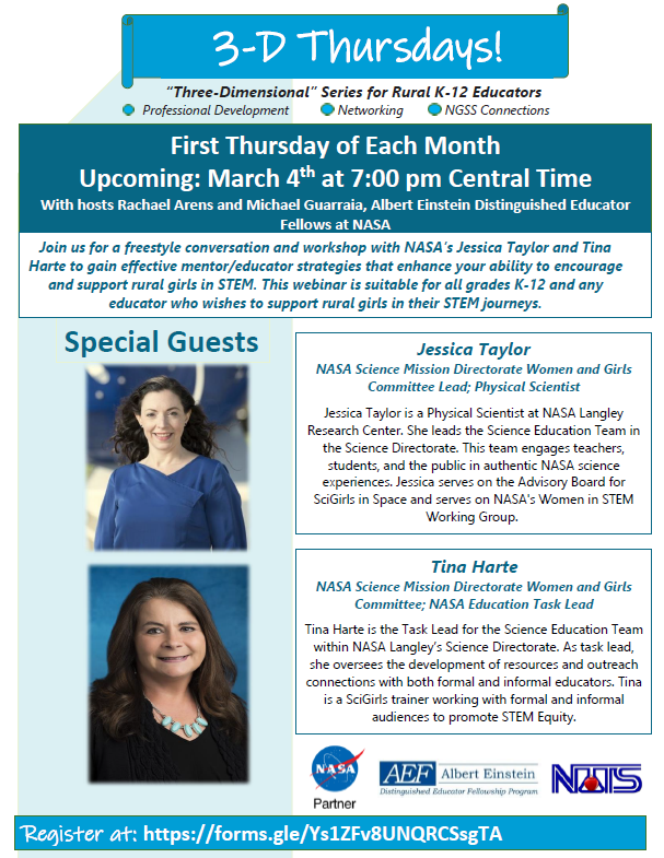 ArensRachael's tweet photo. Kick off National Women's History Month with @NASA  by attending 3D Thursdays for Rural Educators (March 4th 7pm CT) to gain effective mentor/educator strategies that enhance your support for rural girls in STEM! Register: https://t.co/eh0tFmmDUg
#EinsteinFellows20 @AEF_Program https://t.co/LNrNP6juPj