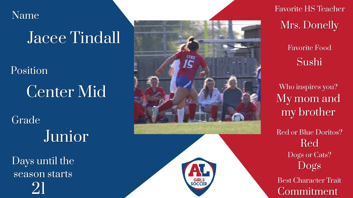 We continue our Annual Player Countdown with Junior Captain Jacee Tindall!

Jacee loves soccer because of “memories with teammates.”

#AboveAllATeam
#LynxPlayerCountdown