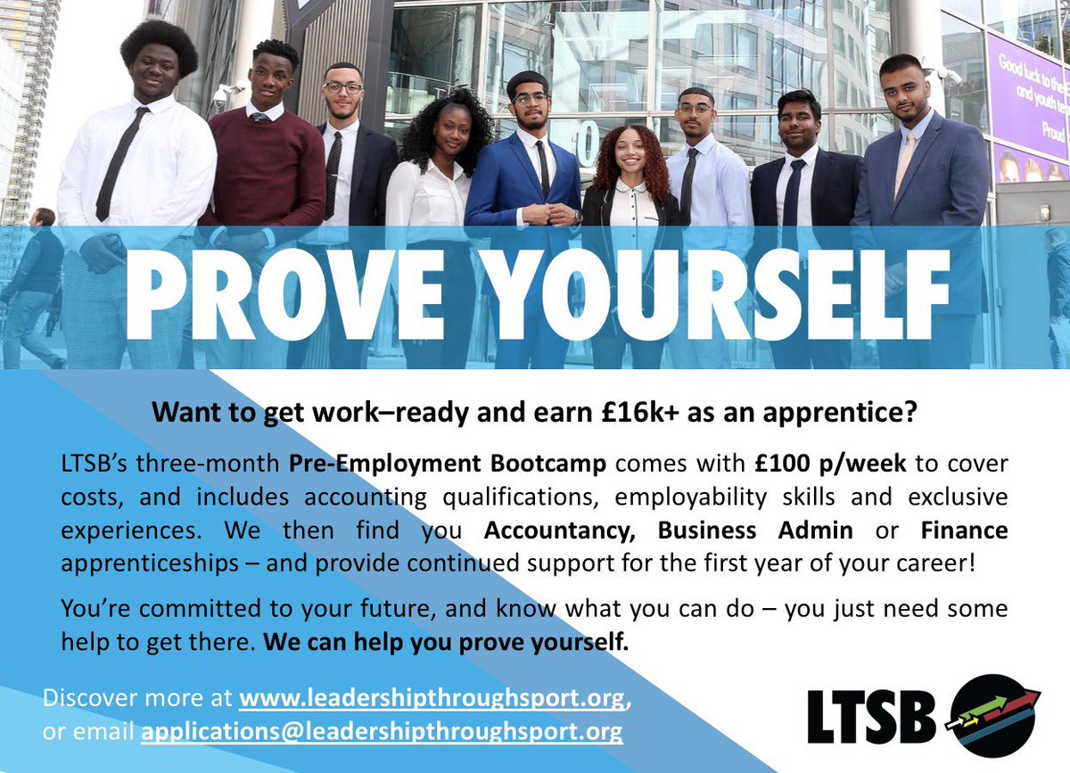 Applications for our Business &amp; Finance #Apprenticeship programme in April 2021 are open! 

Age: 18-21
Location: Manchester/Liverpool/Birmingham 

Apply via our website: leadershipthroughsport.org

#NCW2021 #careers #business