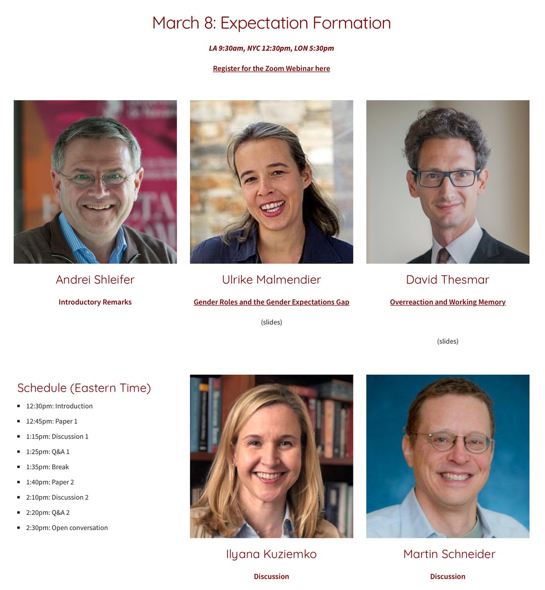 VirtualFinanceW's tweet photo. Join us this Monday March 8, 12:30pm Eastern, for another great conference. Our speakers will discuss new evidence on what shapes people's expectations.
Looking forward to talks by Shleifer, @umalmend, @dthesmar, @ikuziemko, and Schneider.

Registration: https://t.co/cYzUBPgTLp https://t.co/ynIPKVV2xE