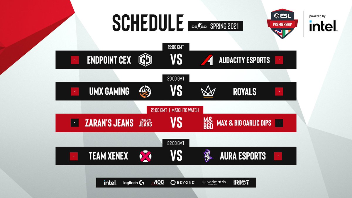 WE ARE BACK!🔥

The CS:GO ESL Premiership frags off in 45 mins⏰

⚔️<a href="/TeamEndpoint/">Endpoint CeX</a> Vs <a href="/AudacitySports/">Audacity</a>
⚔️<a href="/UMX_Gaming/">UMX</a> Vs @Royals_CS 
⚔️Zaran's Jeans Vs Max&amp;BigGarlicDips
⚔️<a href="/TeamXENEX/">Team XENEX</a> Vs <a href="/PowerYourAura/">Aura</a>

Tune into the #ESLPrem NOW!
📺twitch.tv/esl_csgo