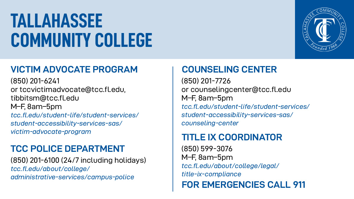 TccVAP's tweet photo. Campus Connection is an on-going collaboration between FAMU, FSU, and TCC students and staff centered on action, education, and the continuum of care for the collective collegiate community related to the prevention of interpersonal violence. Check out the following services. https://t.co/SU6nCXPDuZ
