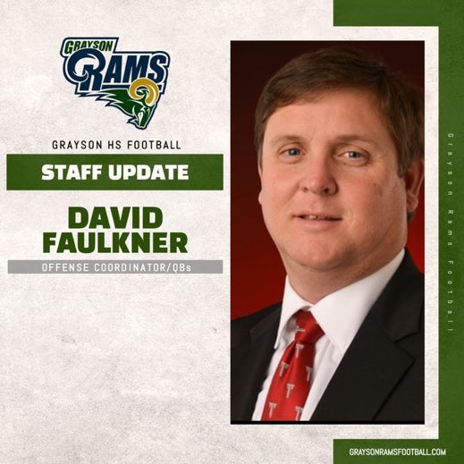 CarterVikingsFB's tweet photo. 🚨JUST IN🚨 Ram Nation please join us is welcoming Coach @CoachDFaulkner and wife Christie, sons Garrett and Grayson and daughter Caroline to the family! 

*Coming to Grayson from Troy University 
*11 years as Head Coach in Alabama
*Coached at Hoover, Foley, and Enterprise https://t.co/hSgxa5C9iz