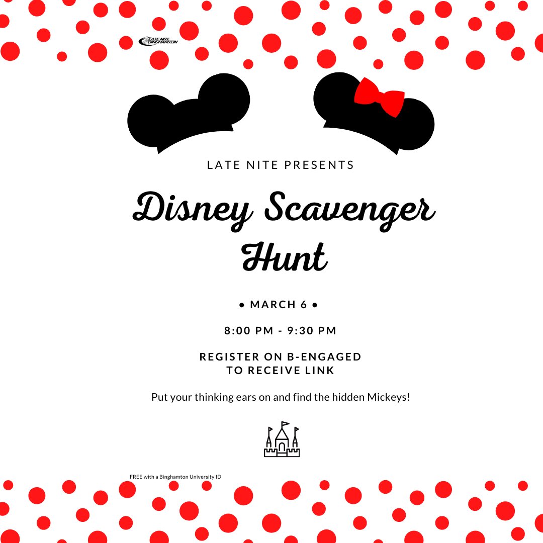 LateNiteBing's tweet photo. Come join Late Nite for a magical Disney filled weekend! Saturday 3/6 explore the most magical place on earth with our Disney Scavenger Hunt! This weekend we will have a virtual double feature of Frozen 1 &amp; 2! Register on B-Engaged to receive the links! ✨👸🏼⛄️❄️ https://t.co/xWl4aL75nP