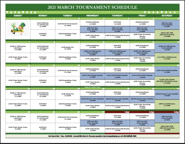 _ChrisMcCall_'s tweet image. Live!Fam we decided to do a slight change in the tournament schedule we apologize for the inconvenience but here is the updated #LiveTournament calendar @LivePokerRoom