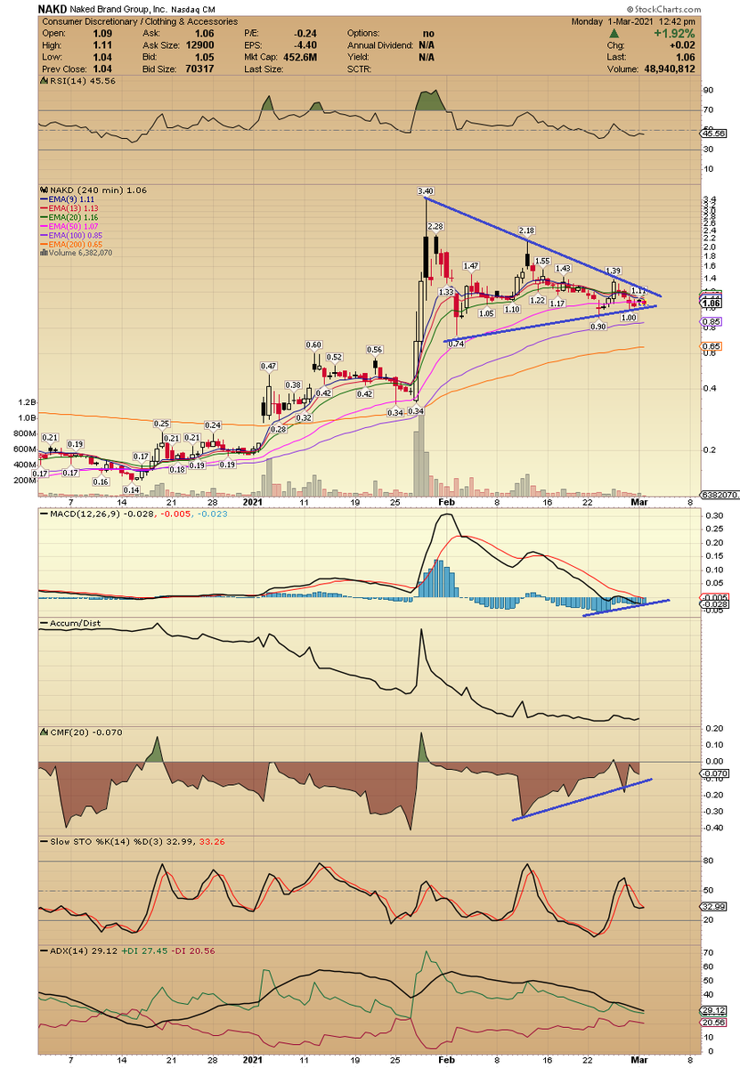 ACInvestorBlog's tweet photo. $NAKD Large pennant formation with positive divergences. I love it..... https://t.co/4wHgknnQVc