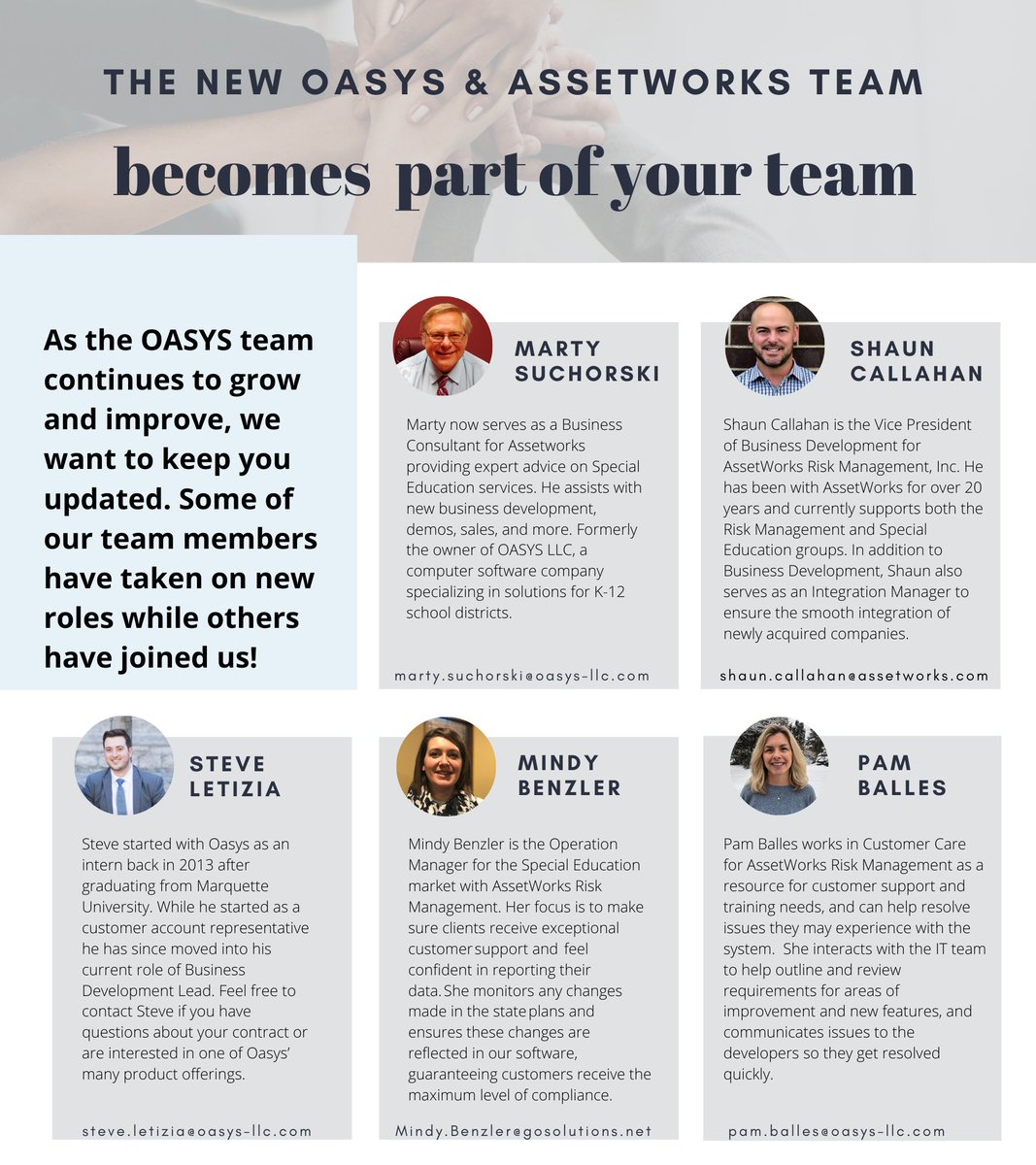 As our valued customers, it is important that we keep you up to date with the current happenings at OASYS. We are excited to introduce to you our new team! Many of them are familiar faces with the addition of a few new ones. Please do not hesitate to reach out at any time!